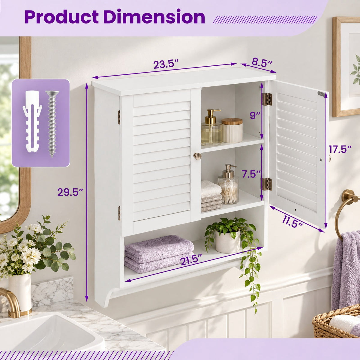 Airfind 2-Doors Bathroom Wall-Mounted Medicine Cabinet with Towel Bar, White, Bottom towel rod for extra storage choice