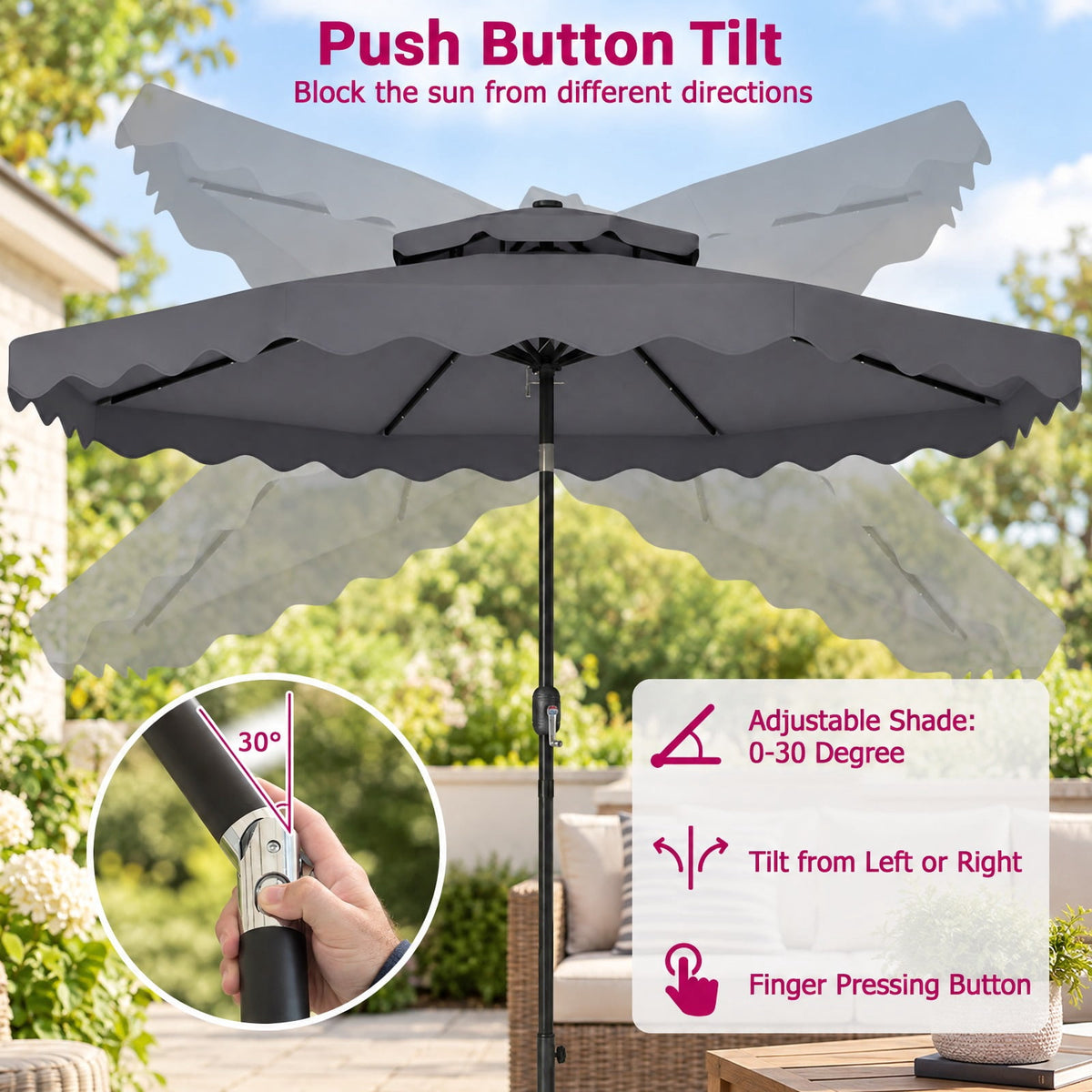 Airfind 9 FT Solar LED Patio Umbrella Push-Button Tilt and Crank 24 LED Lights and 8 Ribs, Polyester Fabric Metal Frame, 9 x 8.2 ft Footprint, Gray