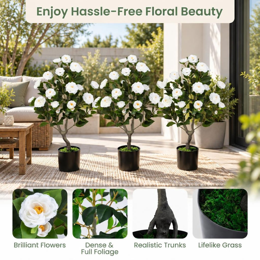Airfind 2-Pack Artificial Camellia Tree Faux Flower Plant in Cement-Filled Pot, White, offers excellent stability and balance