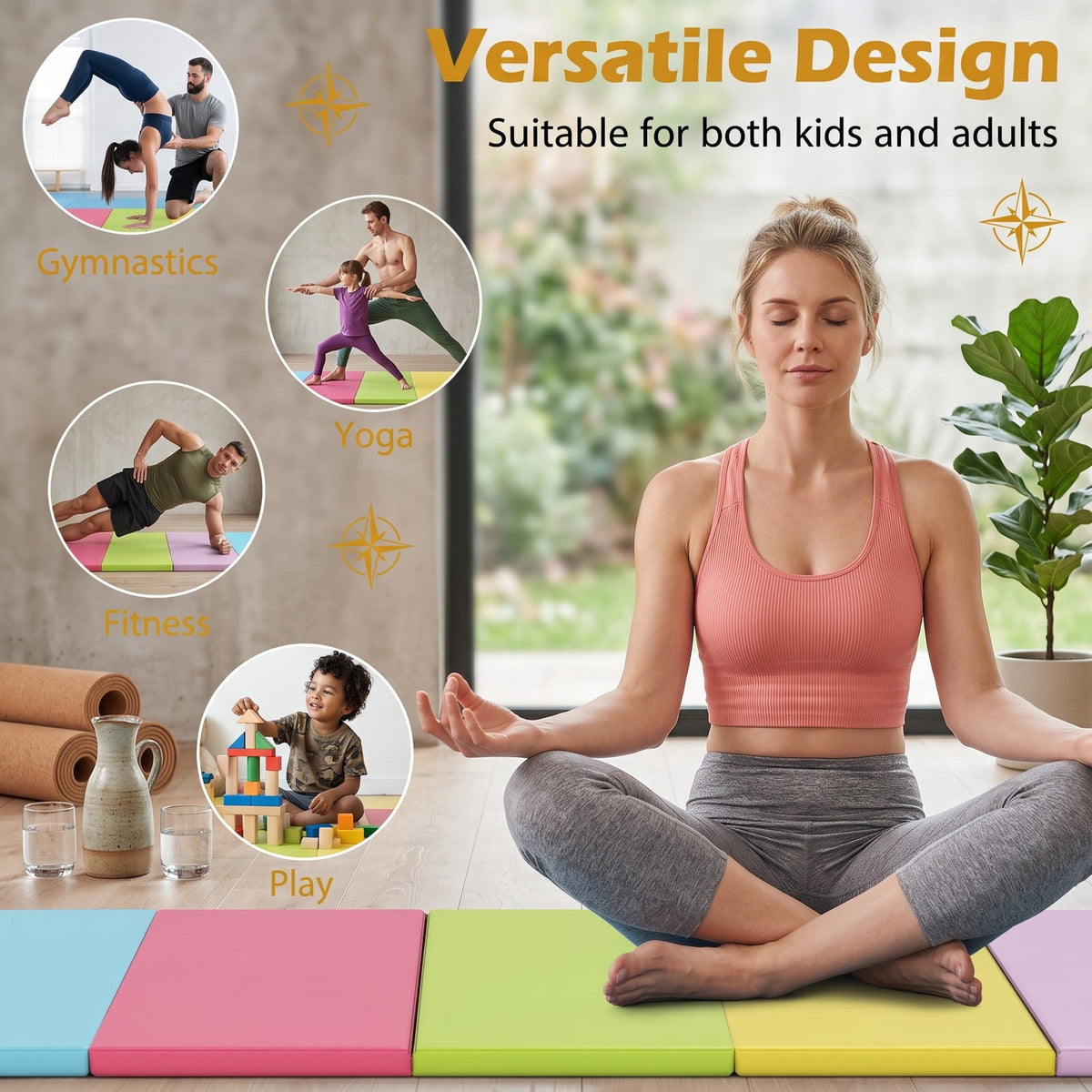 Airfind 5-Panel Folding Gymnastics Mat for Kids and Adults with Reinforced Handles for Home Tumbling and Yoga, Multicolor
