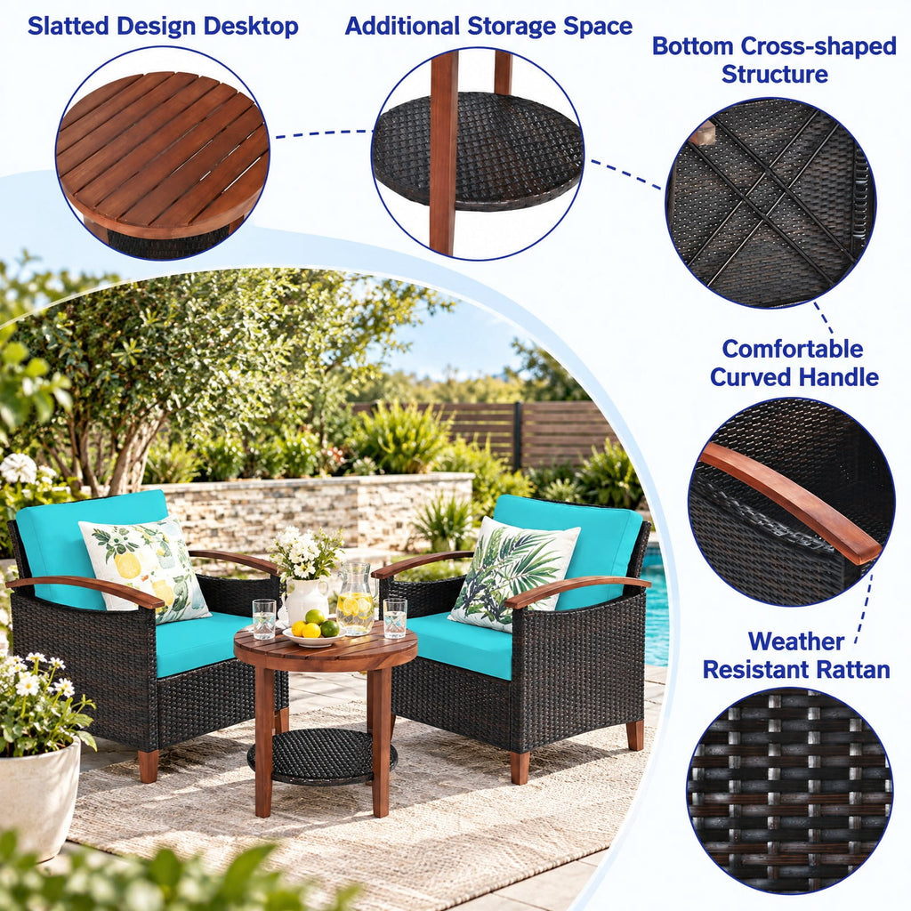 Airfind 3 Pieces Patio Rattan Furniture Set with Washable Cushion and Acacia Wood Tabletop, 360 lbs Capacity, 26 x 27.5 x 31 Footprint, Turquoise