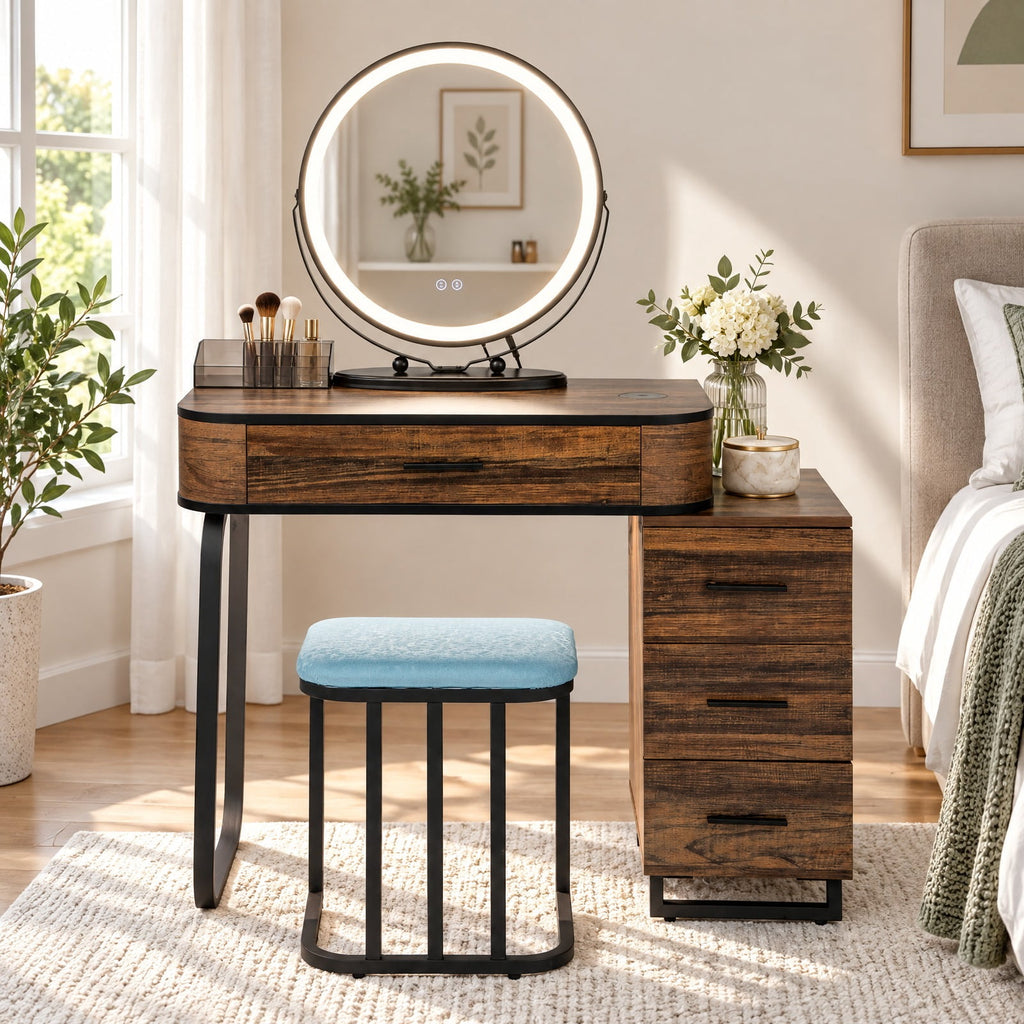 Airfind Vanity Table Set with 3-Color Lighted Mirror and Charging Station, 330 lbs Capacity, MDF Frame, 31.5inx 15.5inx 51in Footprint, Brown
