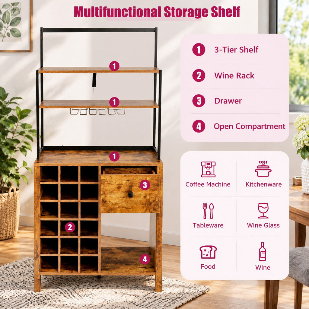 Airfind Kitchen Bakers Rack Freestanding Wine Rack Table with Glass Holder and Drawer, Engineered wood steel Frame, 31 x 16 x 64 Footprint, Brown