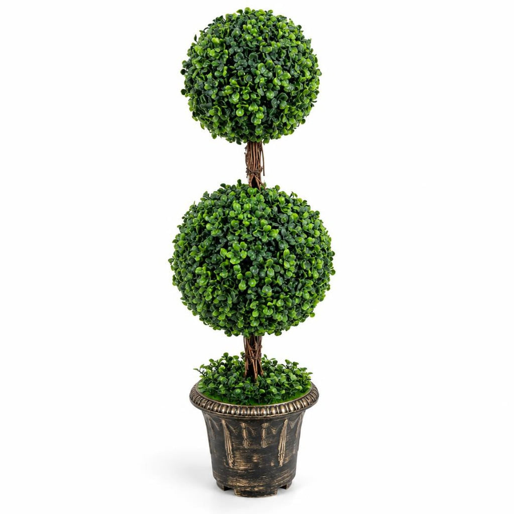 Airfind 36 Inch Artificial Double Ball Tree Indoor and Outdoor UV Protection, PE wood rattan iron tube cement Frame, Green
