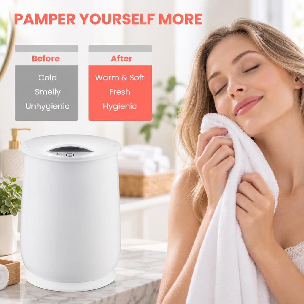 Airfind 20L Bathroom Towel Warmer with Auto Shut, Plastic Frame, 13in x 13in x 18.5in Footprint, White, Easy to use with one-button control design