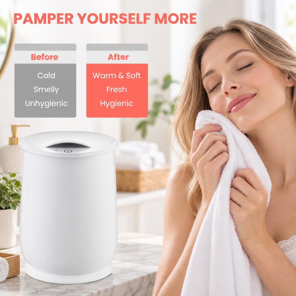 Airfind 20L Bathroom Towel Warmer with Auto Shut, Plastic Frame, 13in x 13in x 18.5in Footprint, White, Easy to use with one-button control design