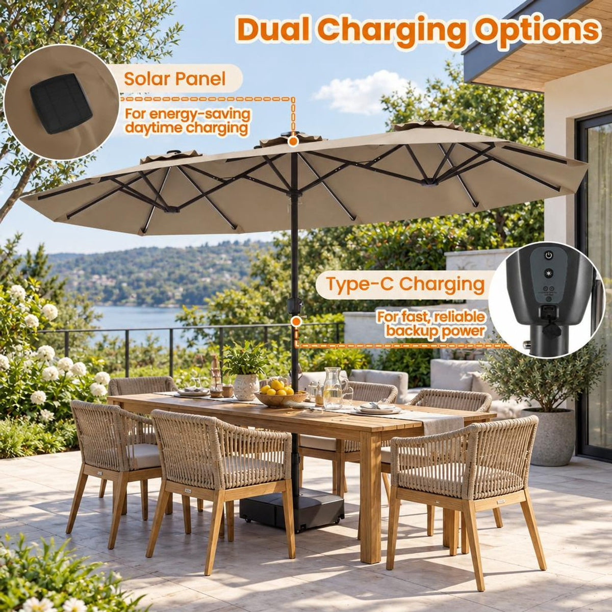 Airfind 13 FT Double-Sided Patio Umbrella with Color-Changing Flowing Solar LED Lights, Polyester Fabric Metal Frame, 13 x 7 ft Footprint, Brown