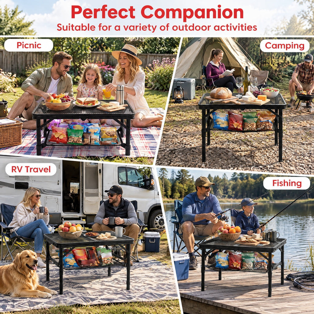 Airfind 3-Height Folding Picnic Table with Large Storage Net and Handle, 90 lbs Capacity, Aluminum Metal Nylon PP EVA Frame, Black