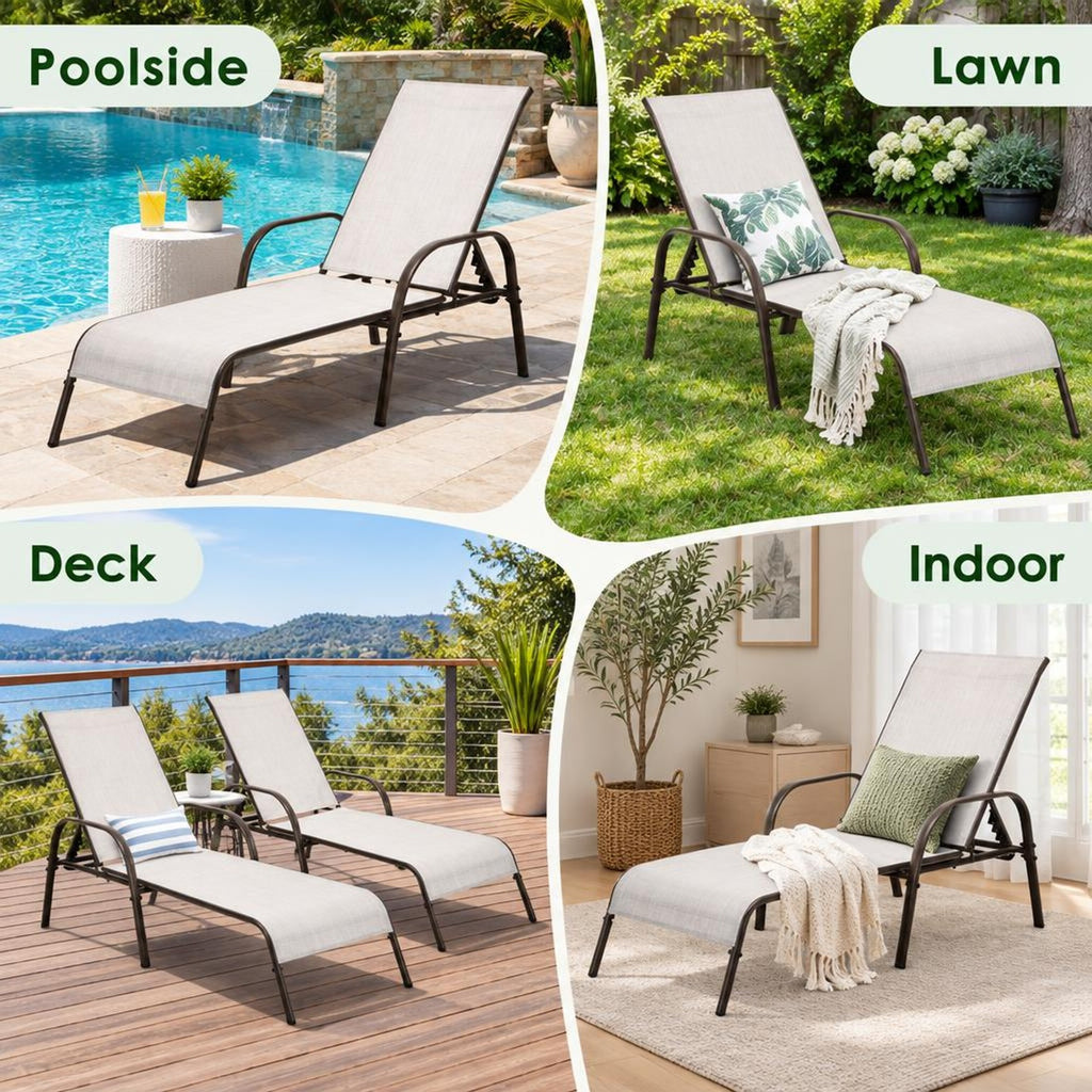 Airfind 2 Pcs Outdoor Patio Lounge Chair Chaise Fabric with Adjustable Reclining Armrest, Fabric Steel Horizontal Frame, Gray