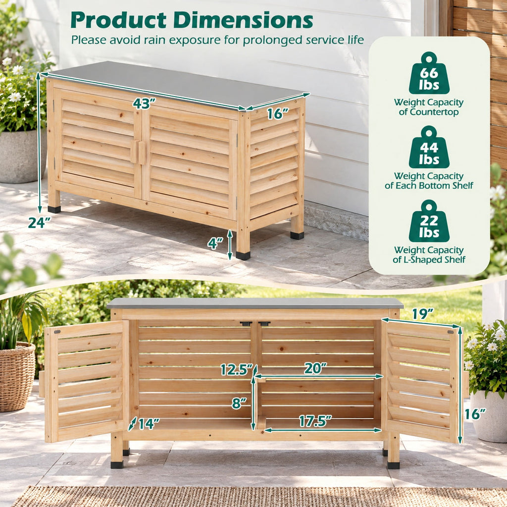 Airfind Patio Storage Cabinet with Stainless Steel Countertop and L-Shaped Shelf for Garden, 66 lbs Capacity, Fir Wood Stainless Steel Rubber Frame
