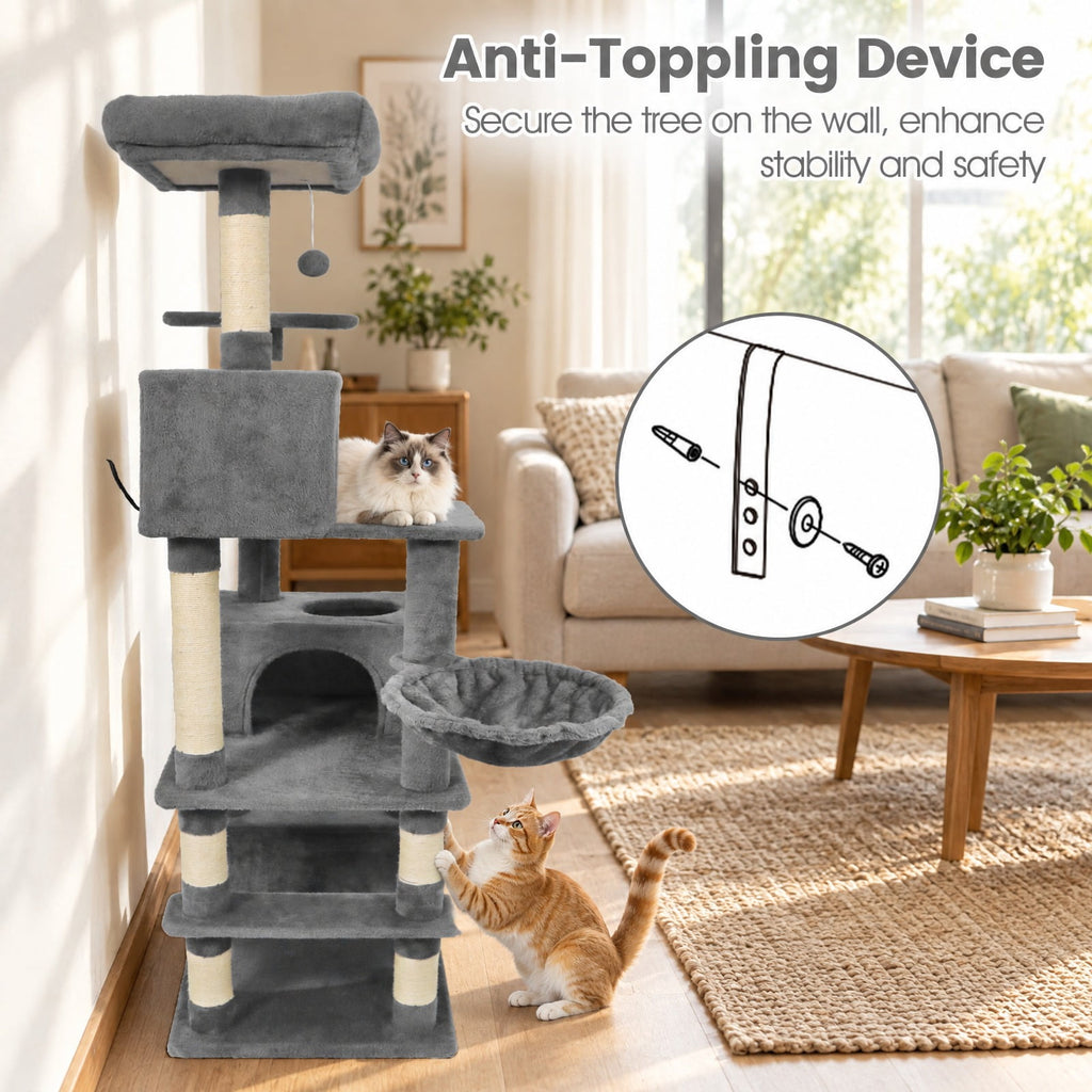 Airfind 66 Inch Tall Cat Tree Multi-Level Cat Tower with 2 Condos Sisal Scratching Posts, 33 lbs Capacity, Light Gray