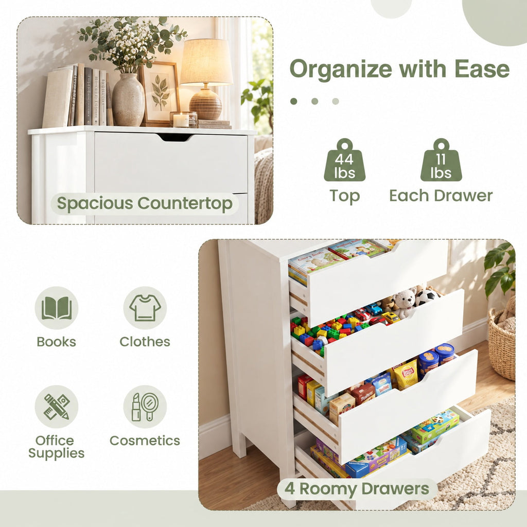 Airfind 4-Drawer Dresser Wooden Nightstand with Anti-Tipping Kits, 44 lbs Capacity, Engineered Wood MDF Frame, 24 x 16 x 37.5 Footprint, White