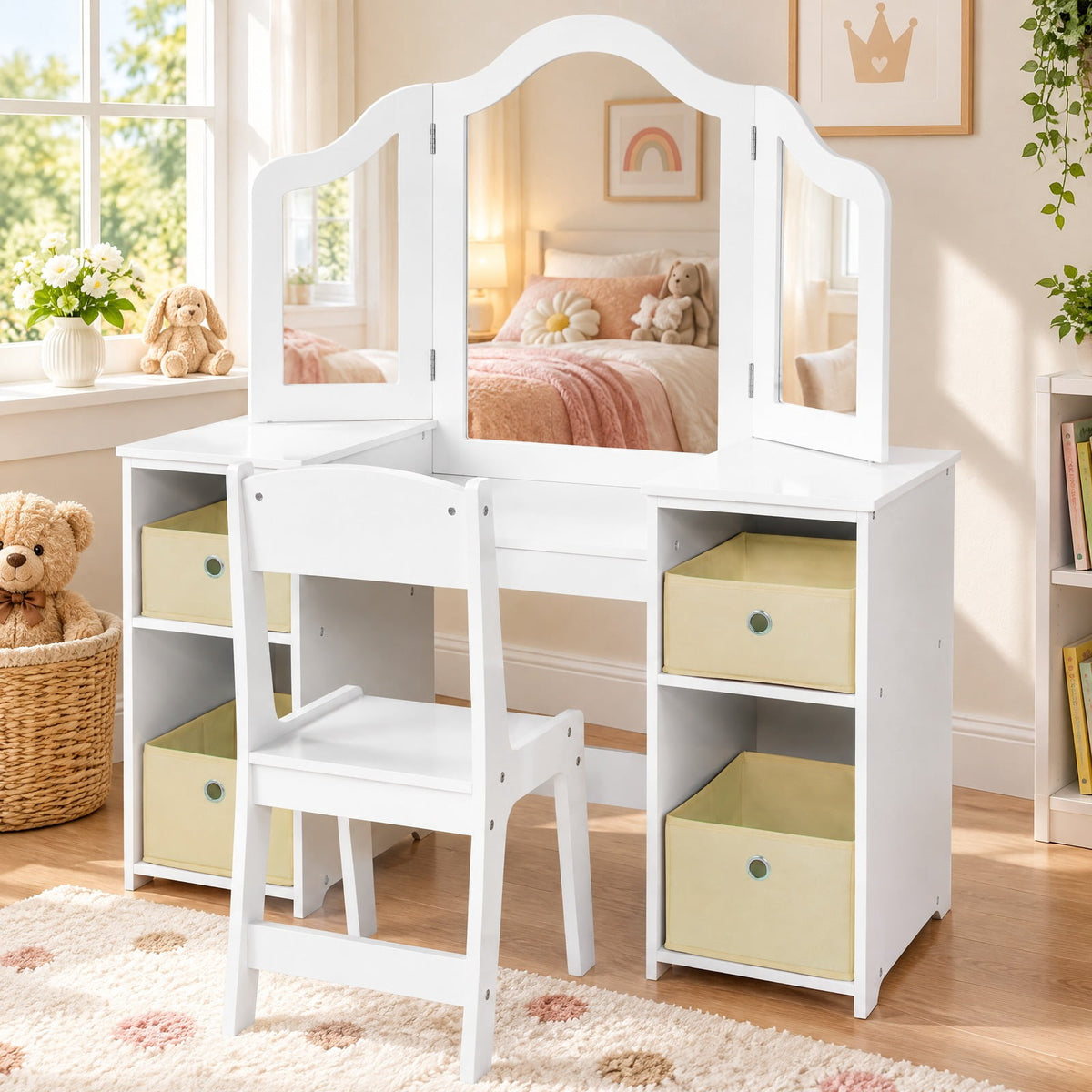 Airfind Kids Vanity Table and Chair Set with Removable Mirrors and 4 Storage Bins, 220 lbs Capacity, MDF Frame, for 3+ Years Old, White