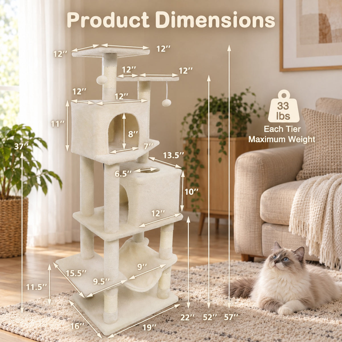 Airfind 57 Inch Cat Tree with Dual Condos and Hammock and 2 Dangling Balls, 29 x 16 Footprint, Beige