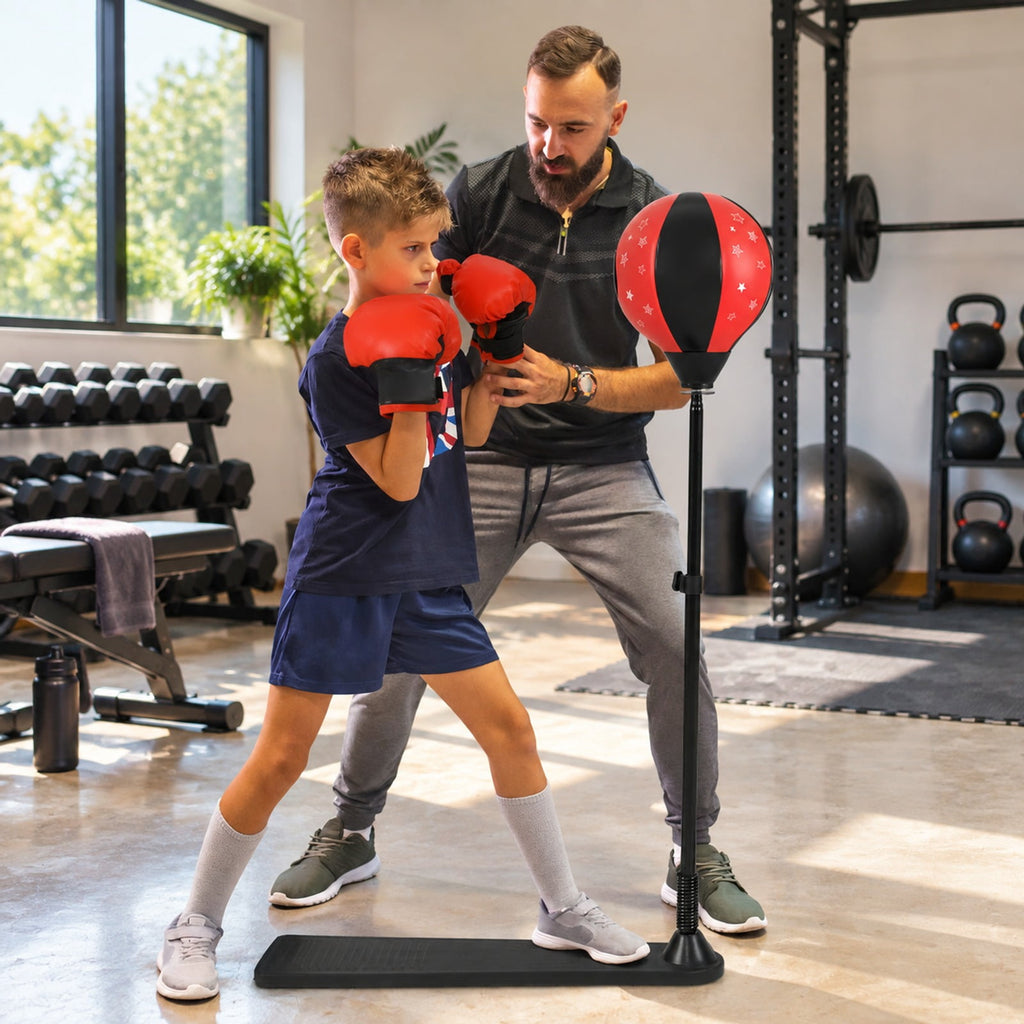 Airfind Kids Punching Bag with Adjustable Stand and Boxing Gloves, PE Frame, for 8+, Black red, Adjustable height 33.5- 61 Stand base