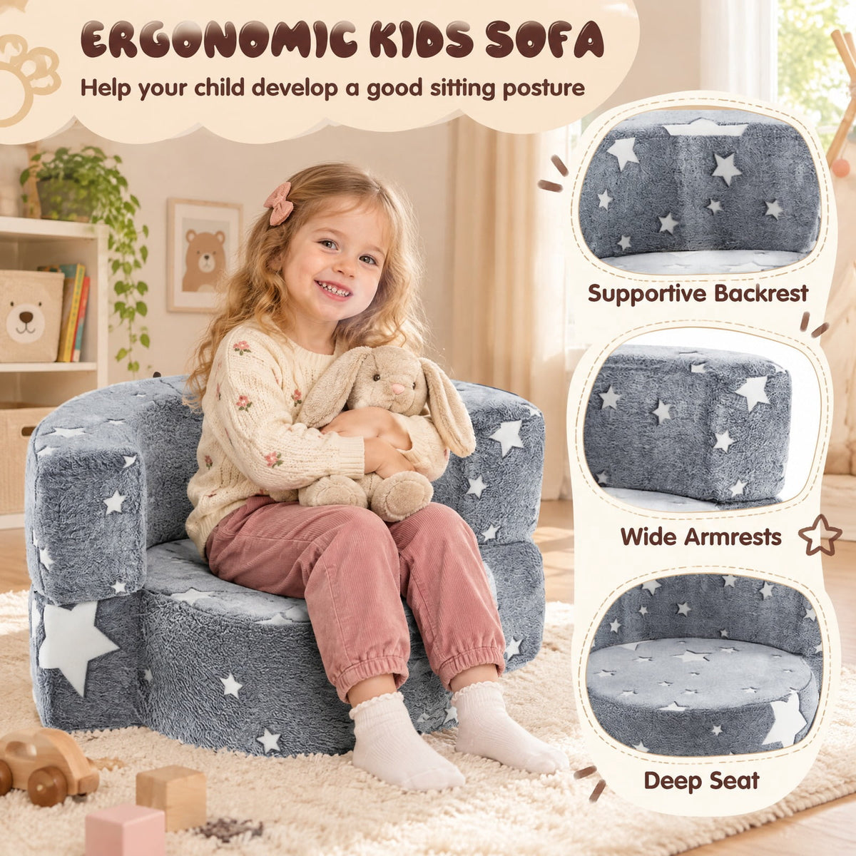 Airfind 2-in-1 Convertible Glow in the Dark Kids Sofa with Removable Washable Cover, Flannel Fabric Sponge Frame, for 3+ Years Old, Gray