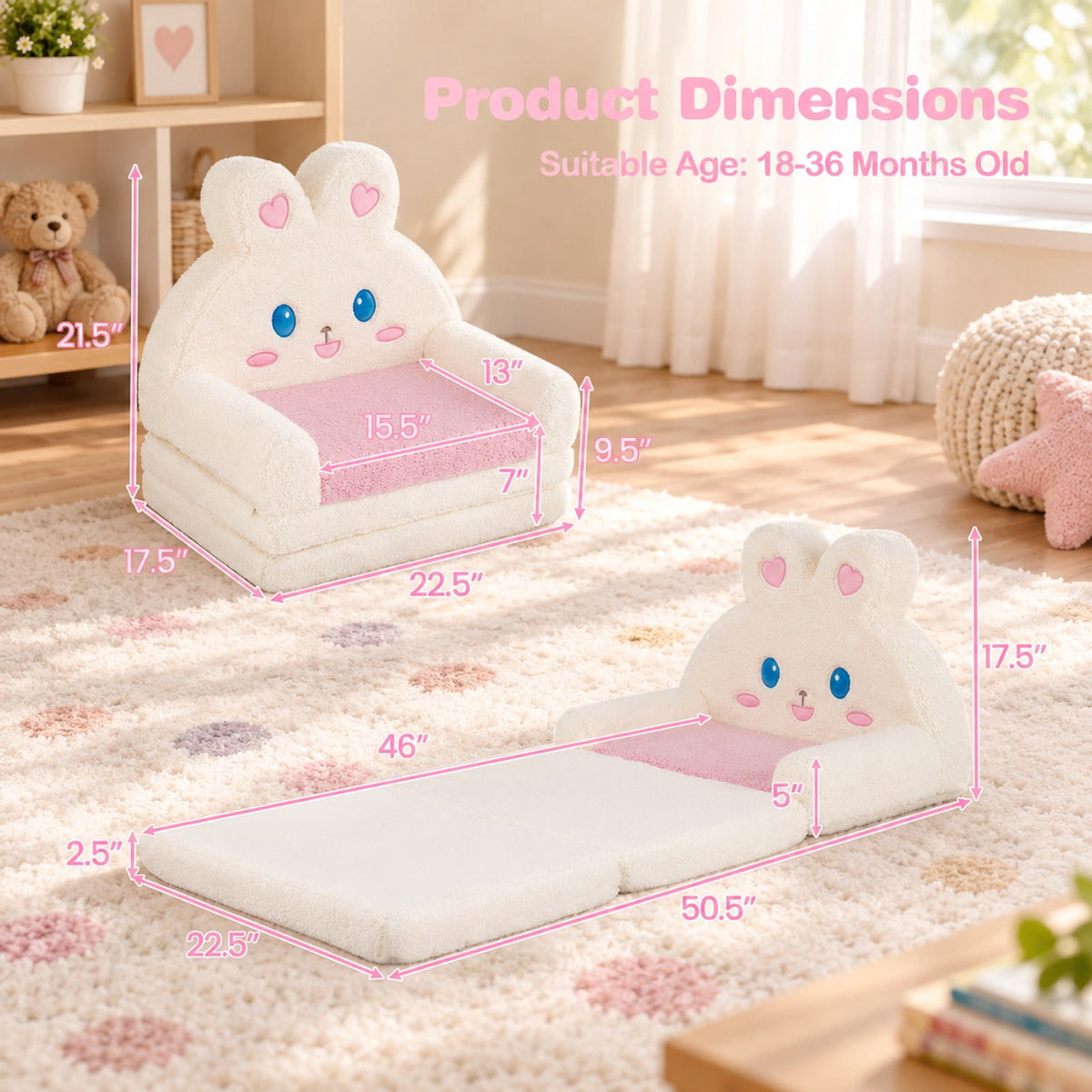 Airfind 2-in-1 Convertible Kids Sofa to Lounger with Bunny Pattern, Cotton Velvet Sponge Frame, for 18-36 Months Old, Pink