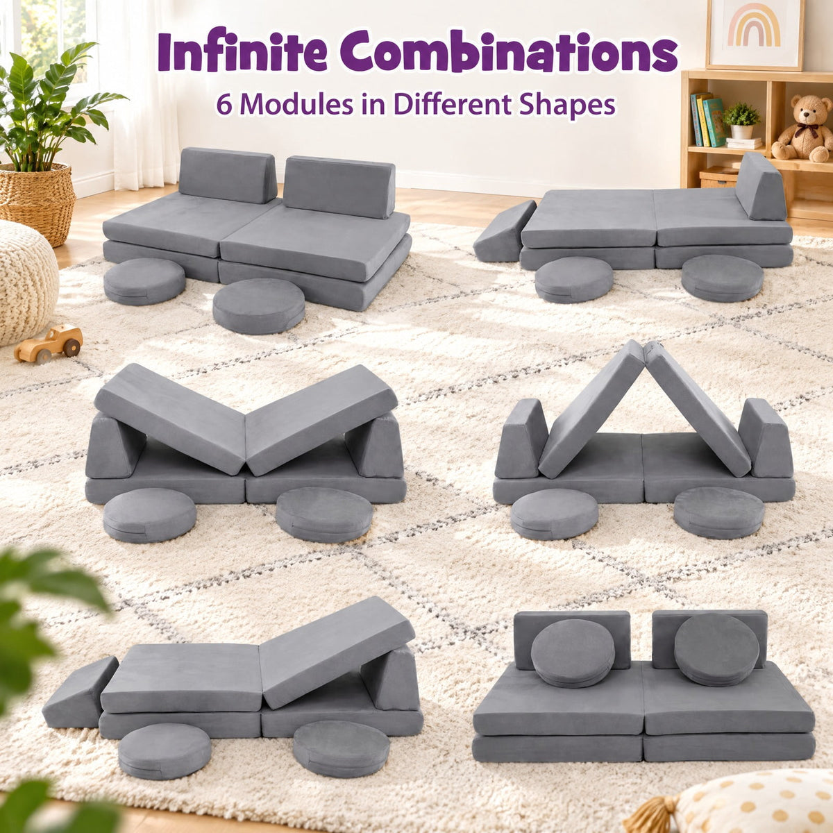 Airfind 6 Pieces Modular Kids Play Couch Set with Washable Covers for Living Room Playroom, 50.5 x 28.5 x 9Circular Block Footprint