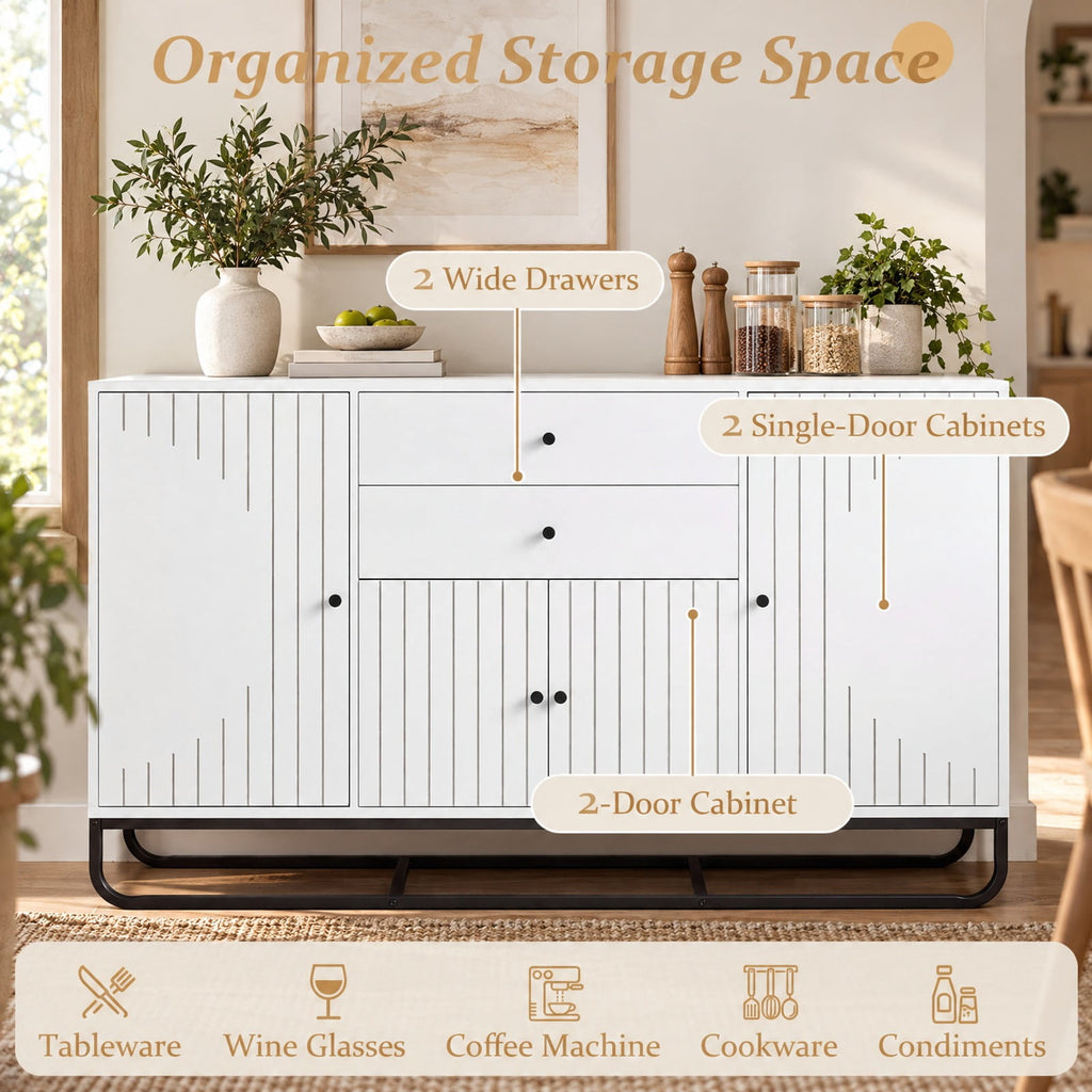 Airfind Modern Buffet Sideboard Cabinet w/ 2 Drawers Adjustable Shelves for Dining Room, 176 lbs Capacity, Engineered Wood Metal Frame, White
