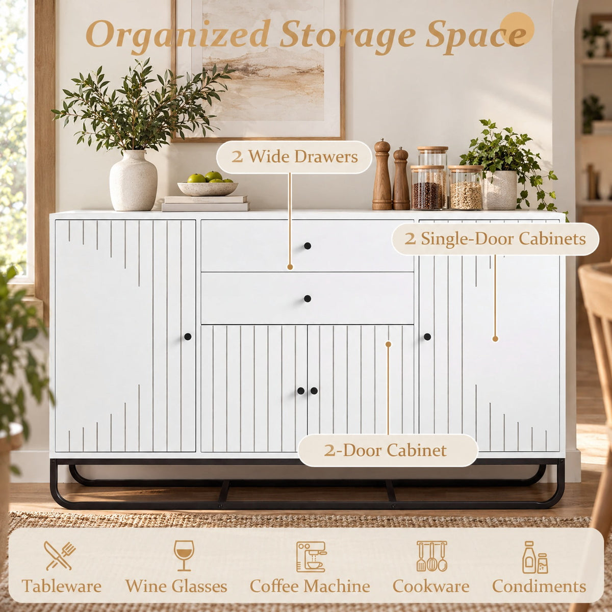 Airfind Modern Buffet Sideboard Cabinet w/ 2 Drawers Adjustable Shelves for Dining Room, 176 lbs Capacity, Engineered Wood Metal Frame, White