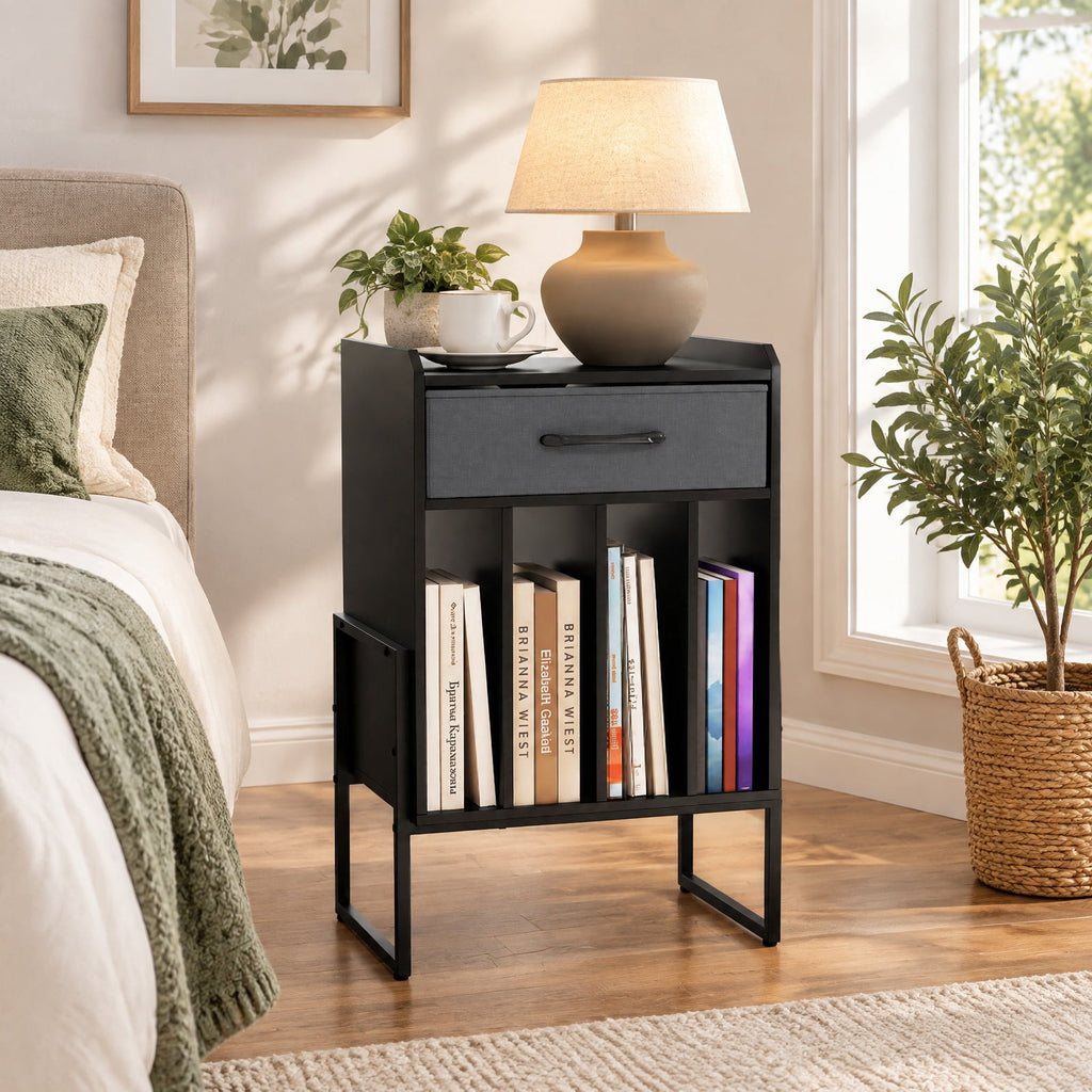 Airfind Record Player Stand with Drawer and Record Holder, 66 lbs Capacity, Engineered Wood MDF Metal Non-woven Fabric Frame, Black