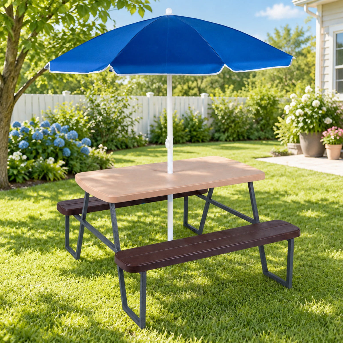 Airfind Kids Picnic Table with Benches Seats up to 4, 660 lbs Capacity, Metal Frame, for 3+ years old, 40 x 39.5 x 59 Tabletop Footprint, Brown