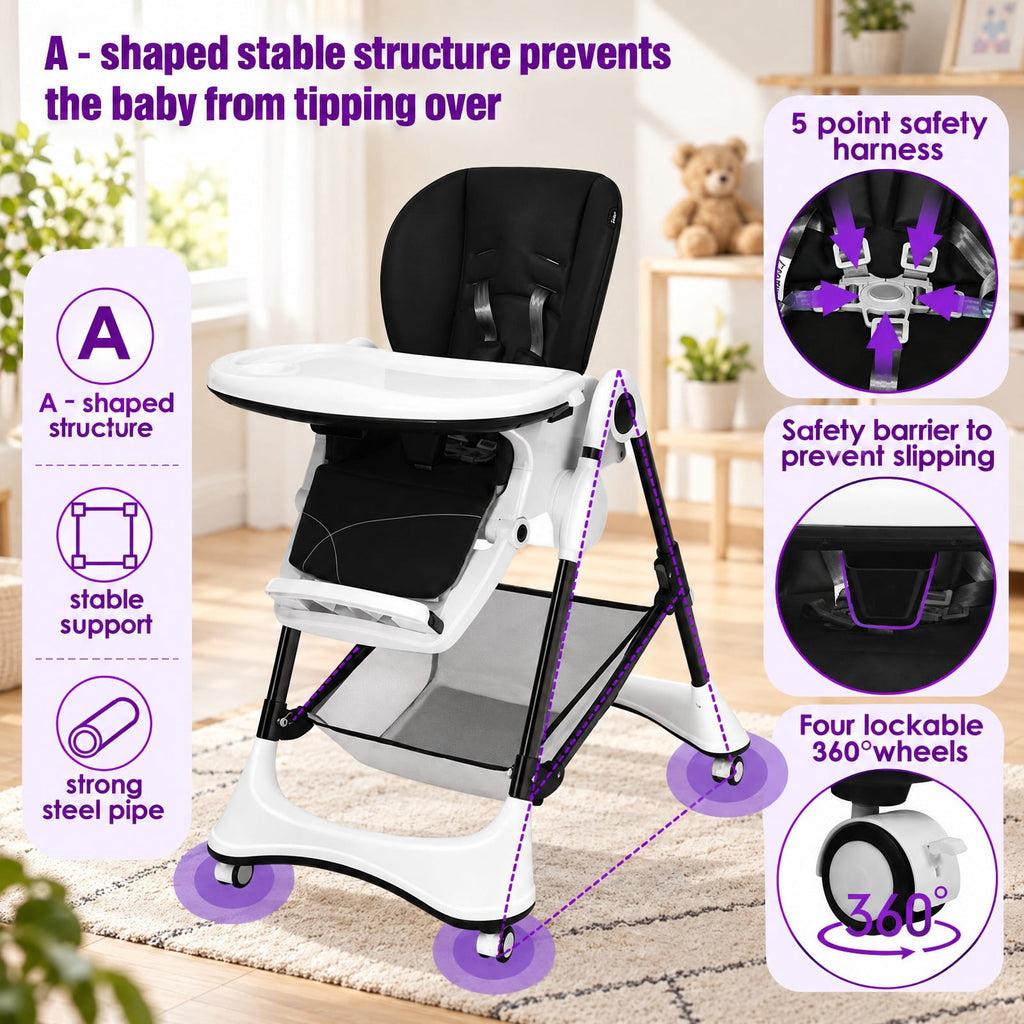 Airfind A-Shaped High Chair with 4 Lockable Wheels, 50 lbs Capacity, Iron Frame, for 0-36 months, 22 x 26 x 32 Footprint, Black
