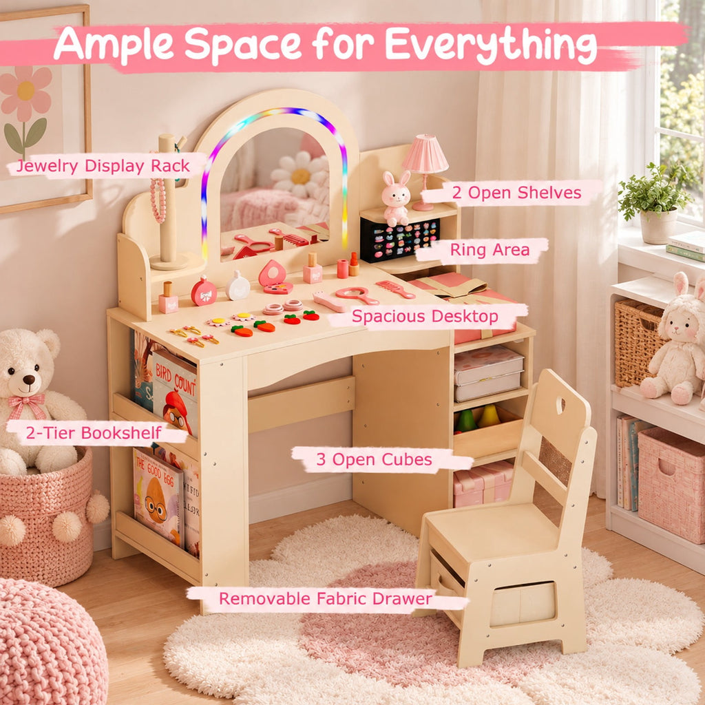 Airfind Kids Vanity Set with Colorful LED Lights Princess Makeup Dressing Table with Chair, 110 lbs Capacity, MDF Frame, 34in x 15.5in x 41in Footprint