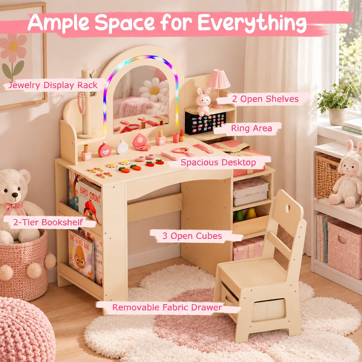 Airfind Kids Vanity Set with Colorful LED Lights Princess Makeup Dressing Table with Chair, 110 lbs Capacity, MDF Frame, 34in x 15.5in x 41in Footprint