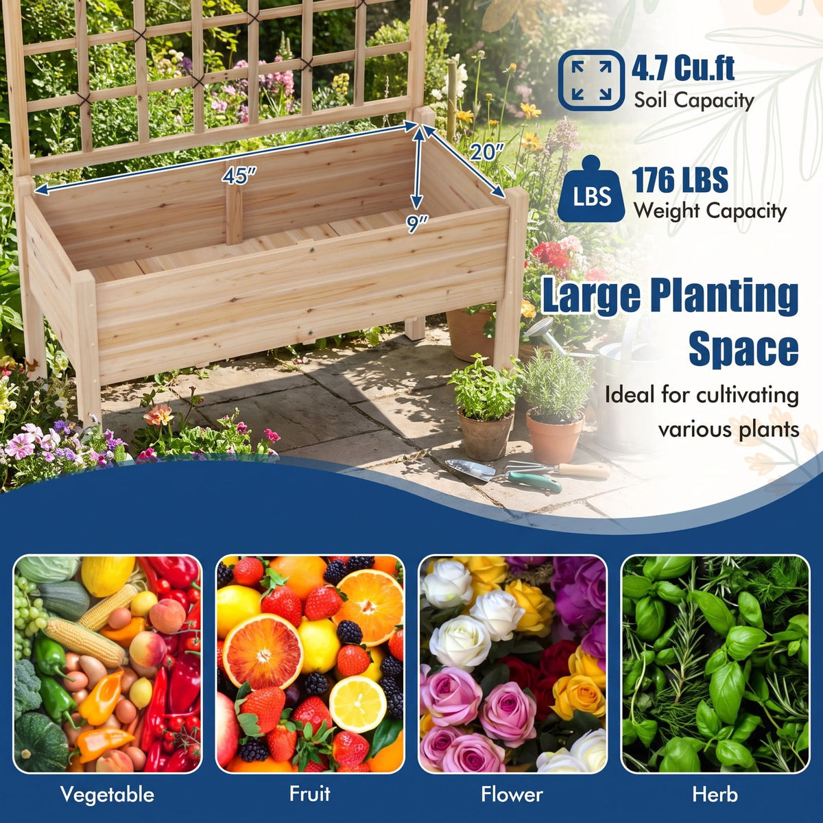 Airfind Raised Garden Bed with Lattice Trellis and Drainage Holes Elevated, 176 lbs Capacity, Fir Wood Frame, Natural