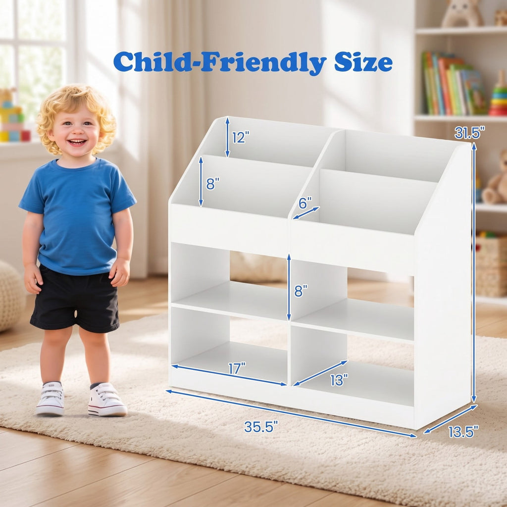 Airfind 3-Tier Kids Bookshelf Toy Storage Organizer with Display Rack and 4 Compartments, 11 lbs Capacity, Engineered Wood Frame, White