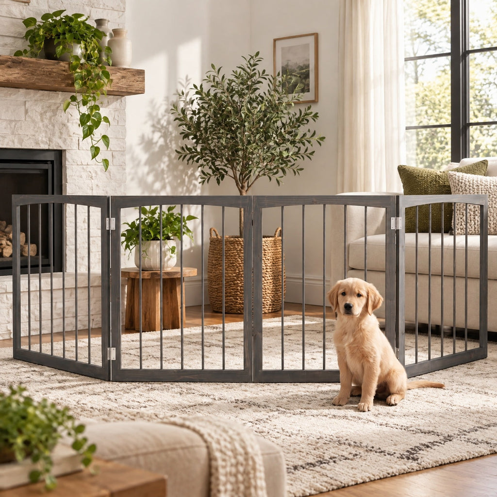 Airfind Wooden Pet Fence, 83 inch L x 30 inch H Dog Gate 4-Panel, for Indoor, Fir Wood Fully Expandable Frame, 21 Inch x 2.2 Inch x 30 Inch Footprint, Gray