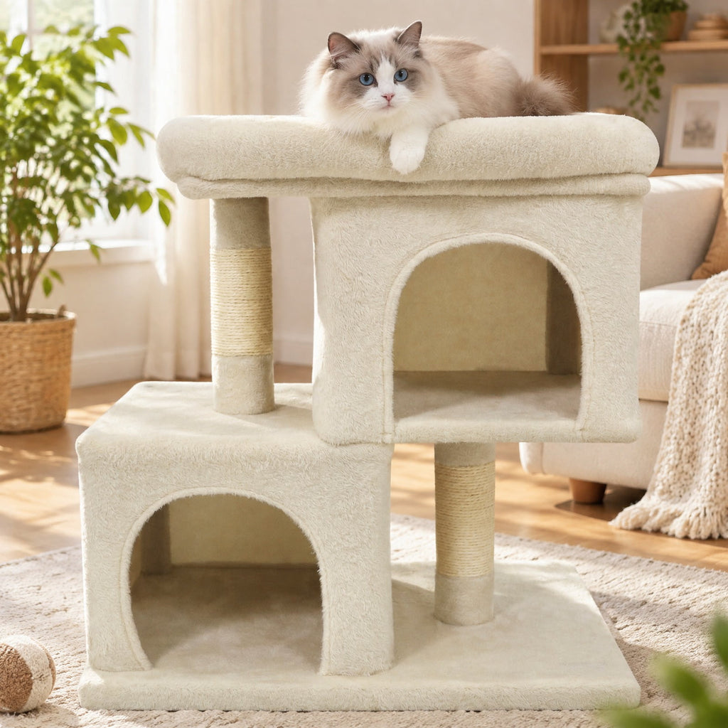 Airfind Modern Cat Tree Space-saving Cat Tower with Upholstered Perch and 2 Cat Condos, 22 lbs Capacity, 24 x 16 x 25.5 Condo Footprint, Beige