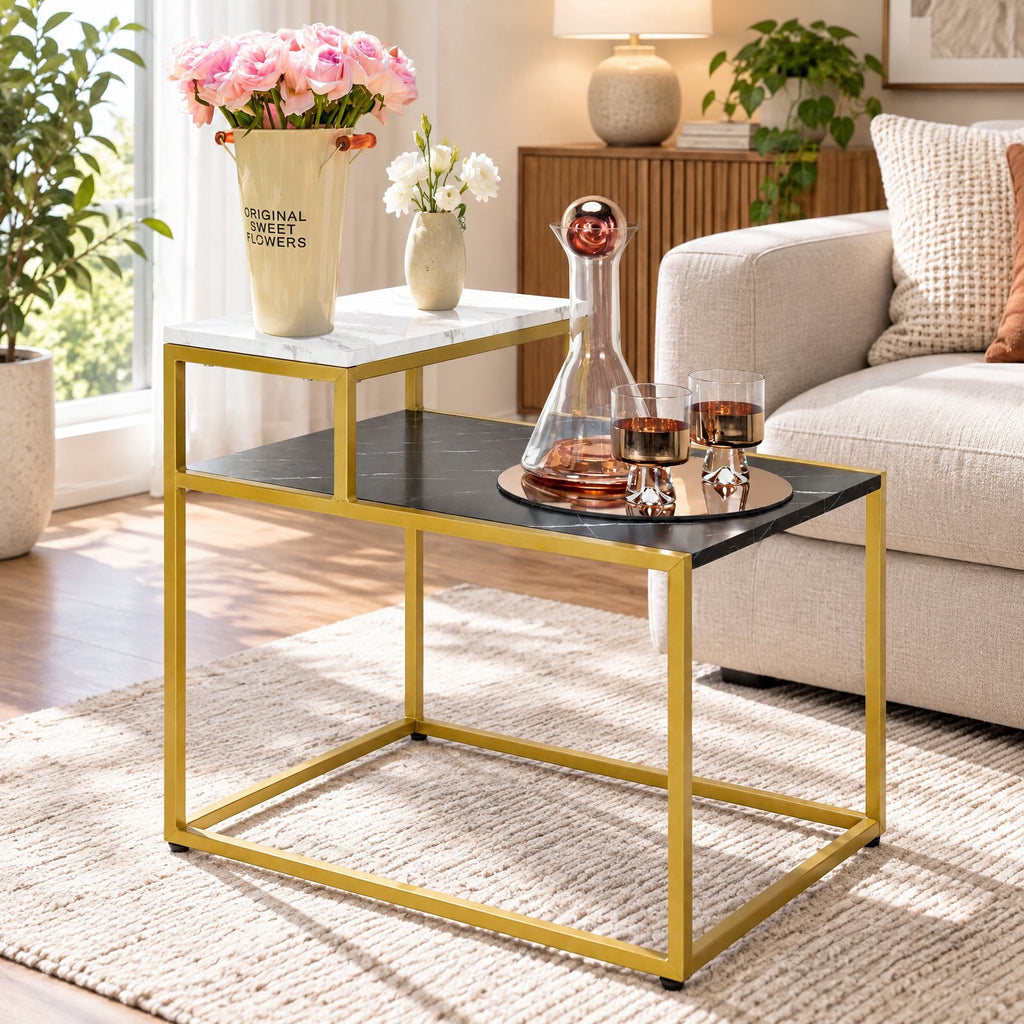 Airfind 2 Tier End Side Table with Metal and Storage Shelf for Living Room, 66 Lbs Capacity, Metal Mdf, 24 Inch X 18 Inch X 22 Inch, White