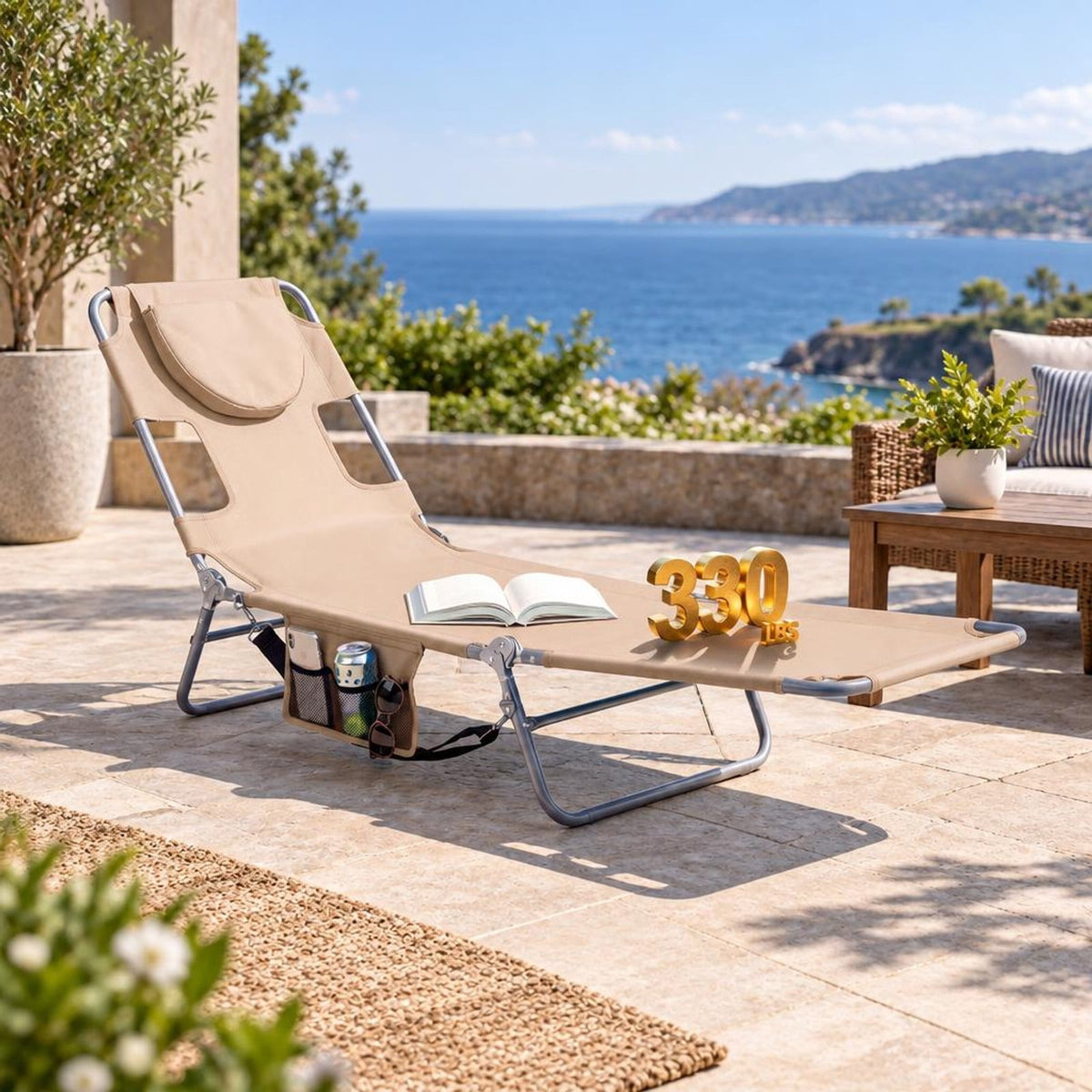 Airfind Folding Beach Lounge Chair with Adjustable Backrest for Lawn, 330 lbs Capacity, Metal Oxford Fabric Polyester Sponge Frame, Beige