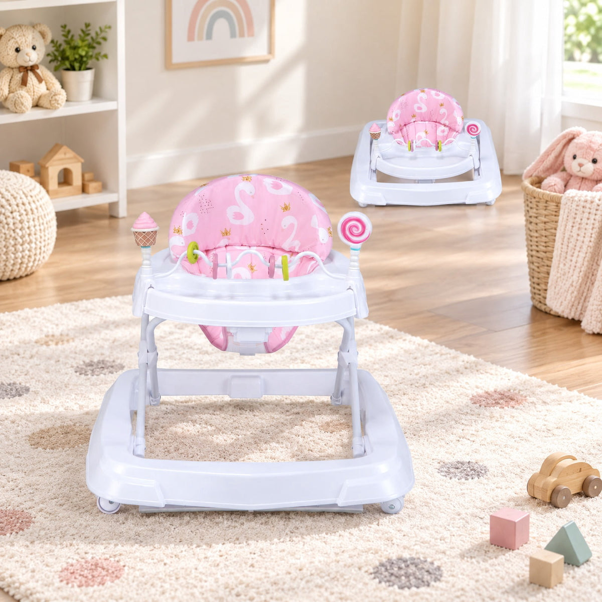 Airfind Foldable Baby Activity Walker with Adjustable Height and Detachable Seat Cushion, 30 lbs Capacity, PP Metal Frame, for 6-36 Months Old, Pink