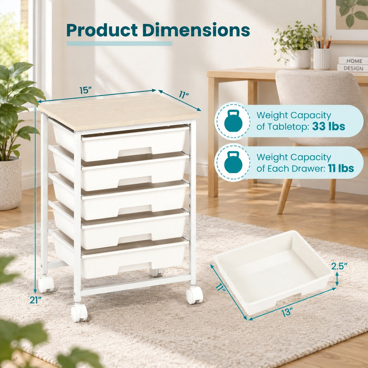 Airfind 5-Drawer Rolling Cart with Wooden Tabletop and Metal for Craft Room, 33 lbs Capacity, Metal PP Engineered Wood, White