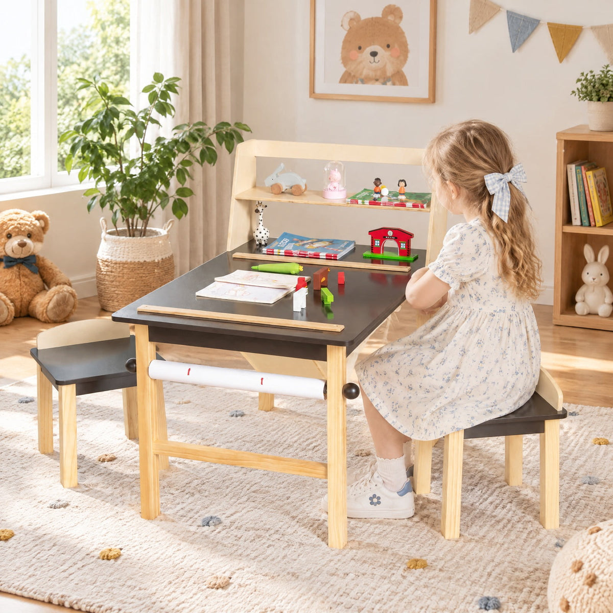 AIRFIND Kids Art Table and Two Chairs with Paper Roll, Raised Storage Shelf and Bins, Pine Wood Legs for Ages 3 and Up, Coffee and Natural