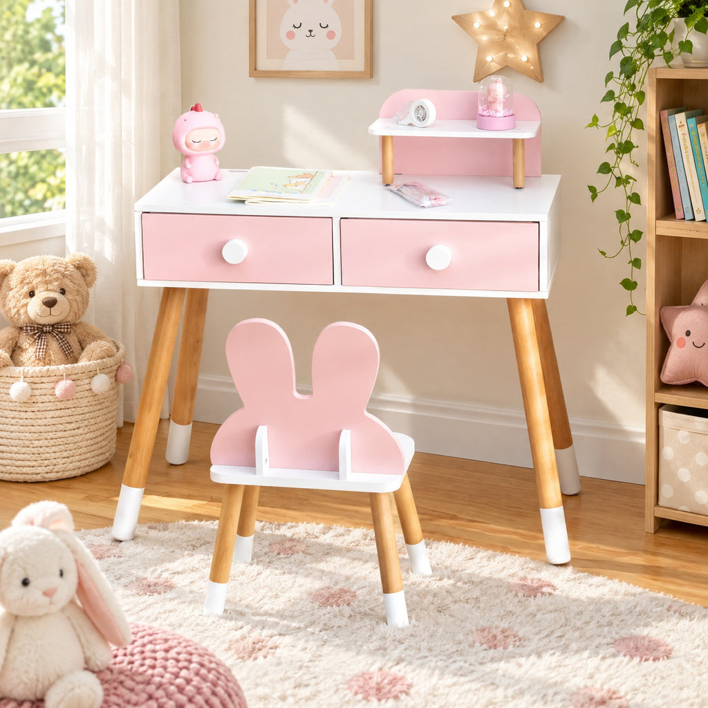 Airfind Kids Vanity Table and Chair Set with Drawer Shelf and Rabbit Mirror, 66 lbs Capacity, MDF Beech Wood Frame, Pink