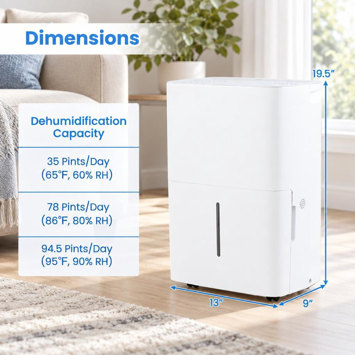 Airfind 94.5 Pints Dehumidifier with 24H Timer and LED Display, ABS Frame, 13 Inch x 9 Inch x 19.5 Inch Rated Footprint for Everyday Use, White