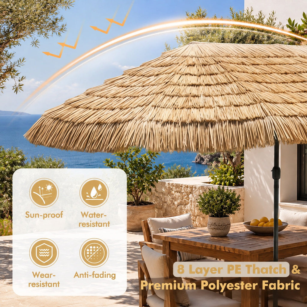 Airfind 15 x 9 FT Solar Double-Sided Patio Umbrella Base Included for Garden Bar, Polyester Fabric Metal PE Thatch ABS Frame, Brown