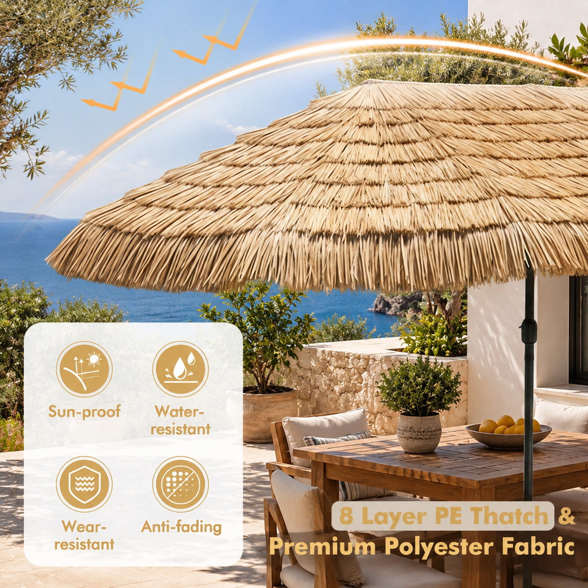 Airfind 15 x 9 FT Solar Double-Sided Patio Umbrella Base Included for Garden Bar, Polyester Fabric Metal PE Thatch ABS Frame, Brown