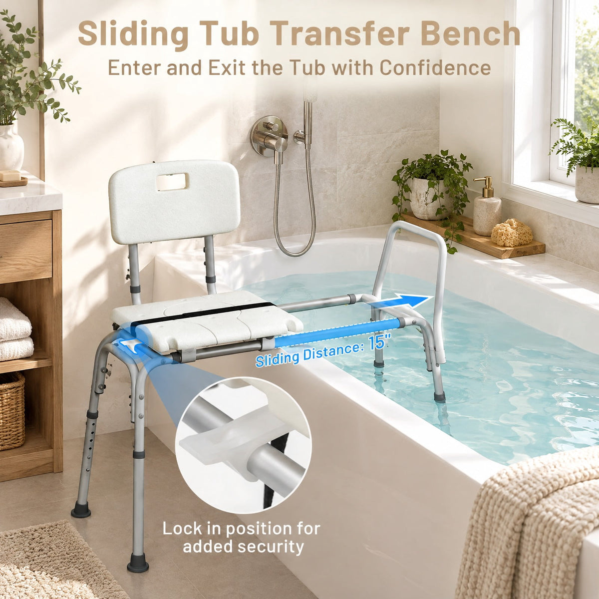 Airfind Sliding Tub Transfer Bench with Extra, 350 lbs Capacity, Aluminum Frame, 41.5 x 19.5 x 33.5-37.5 Footprint, White