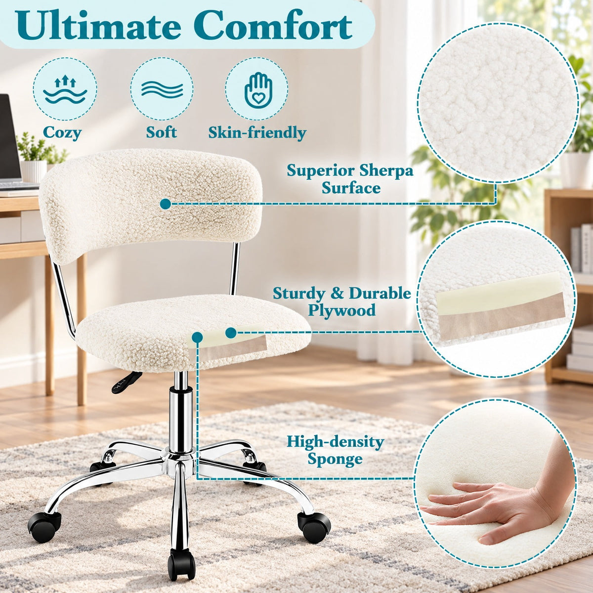 Airfind Computer Desk Chair Adjustable Sherpa Office Chair Swivel Vanity Chair, 330 lbs Capacity, Sherpa plywood sponge steel Frame, White