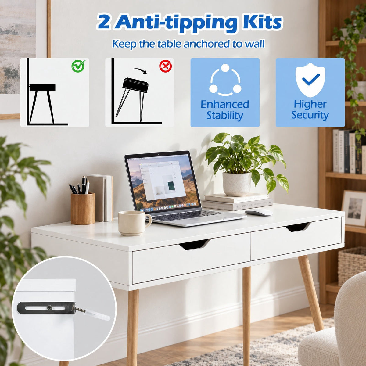 Airfind 43.5 Inch Computer Desk with 2 Drawers for Small Spaces, 165 lbs Capacity, Engineered Wood Frame, White