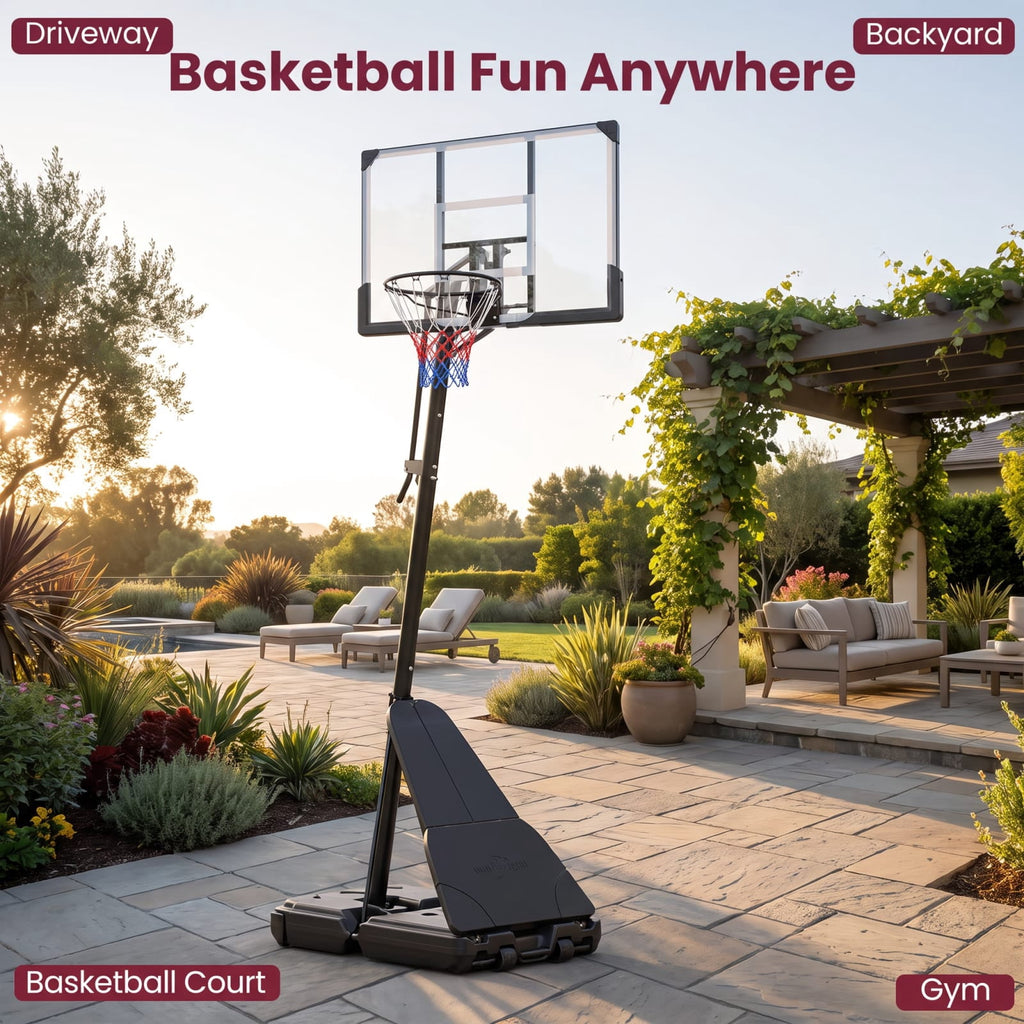 Airfind Outdoor Basketball Goal System with 8 to 10 Foot Hand Crank Adjustable Height Shatterproof Backboard and Rebounder for Backyard, Black