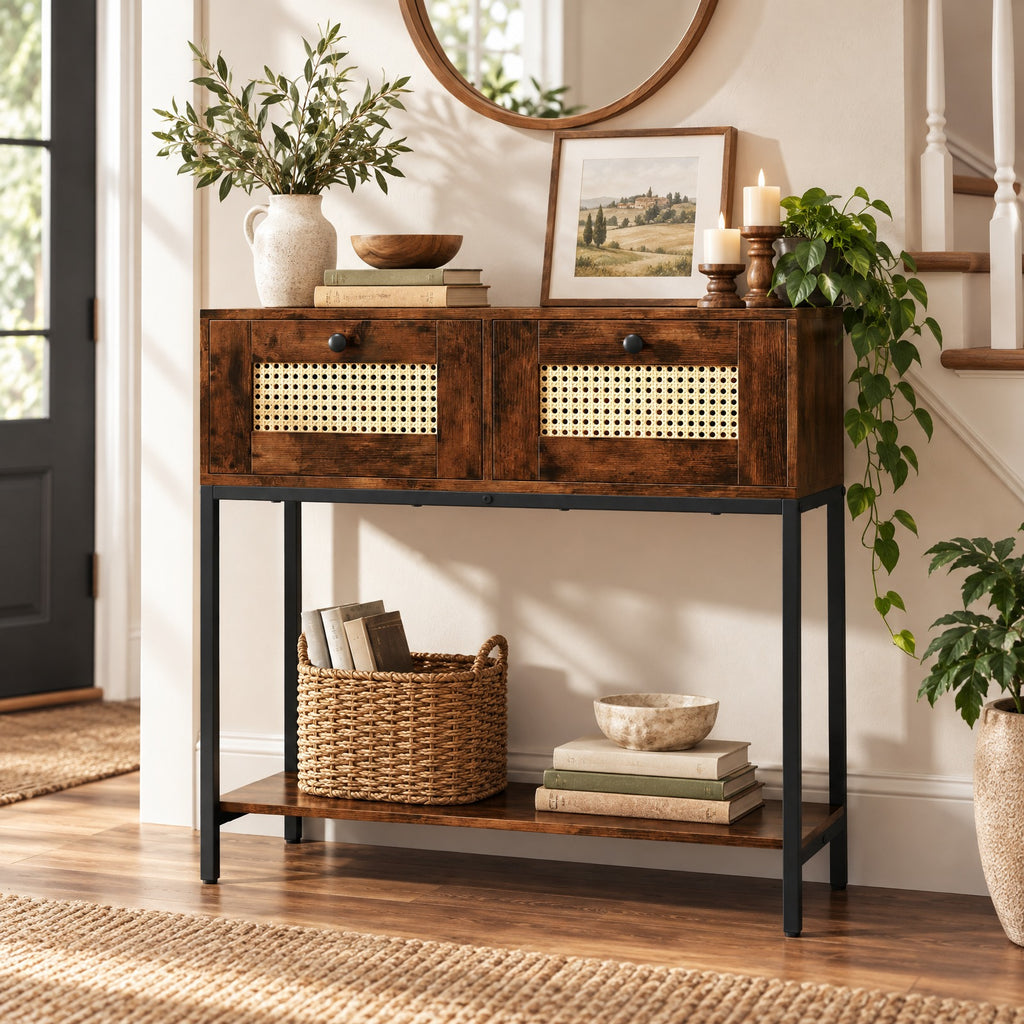 Airfind Rattan Console Table Boho Entryway Table with 2 Rattan Drawers and Open Storage Shelf, 88 lbs Capacity, Brown