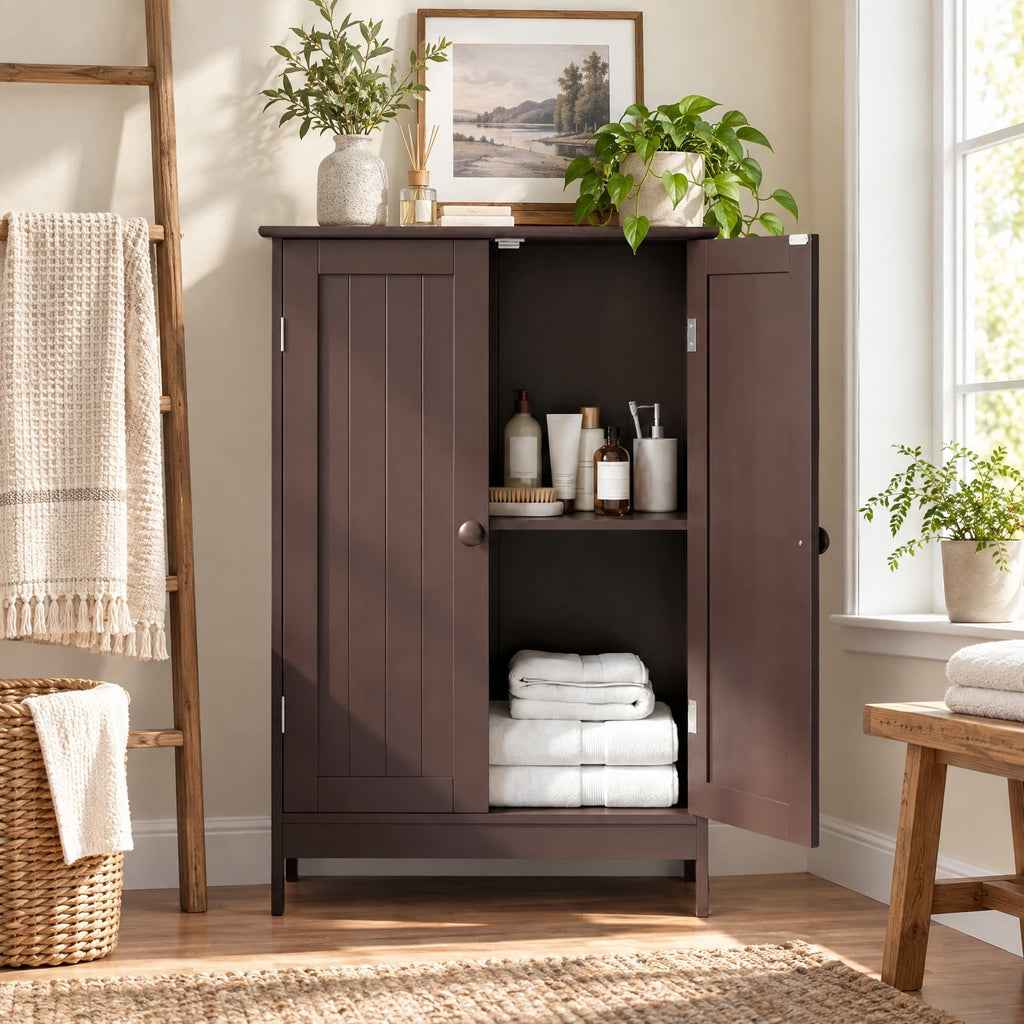 Airfind Bathroom Floor Storage Double Door Cupboard Cabinet, 22 lbs Capacity, MDF Frame, 24in x 14in x 34.5in Footprint, Brown