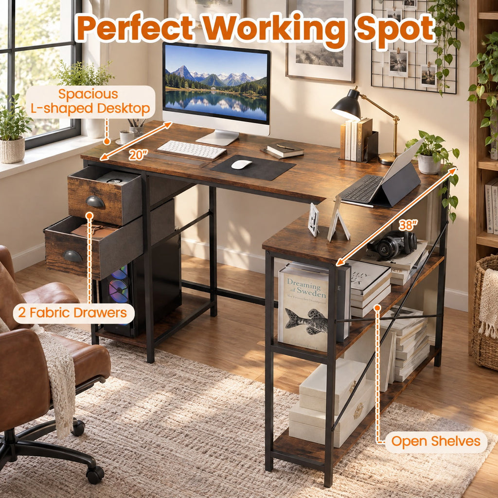 Airfind L Shaped Desk with Charging Station Corner Computer Desk with 2 Fabric Drawers, 110 lbs Capacity, Engineered Wood Metal Fabric Frame, Brown