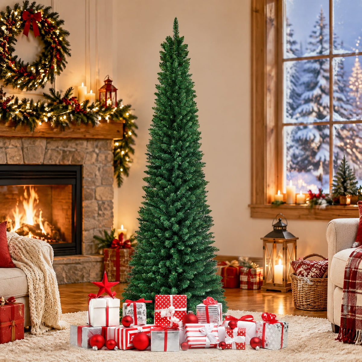 Airfind PVC Artificial Slim Pencil Christmas Tree-7 Feet, PVC iron 5 Ft: Frame, 2ft x 5ft Footprint, Green